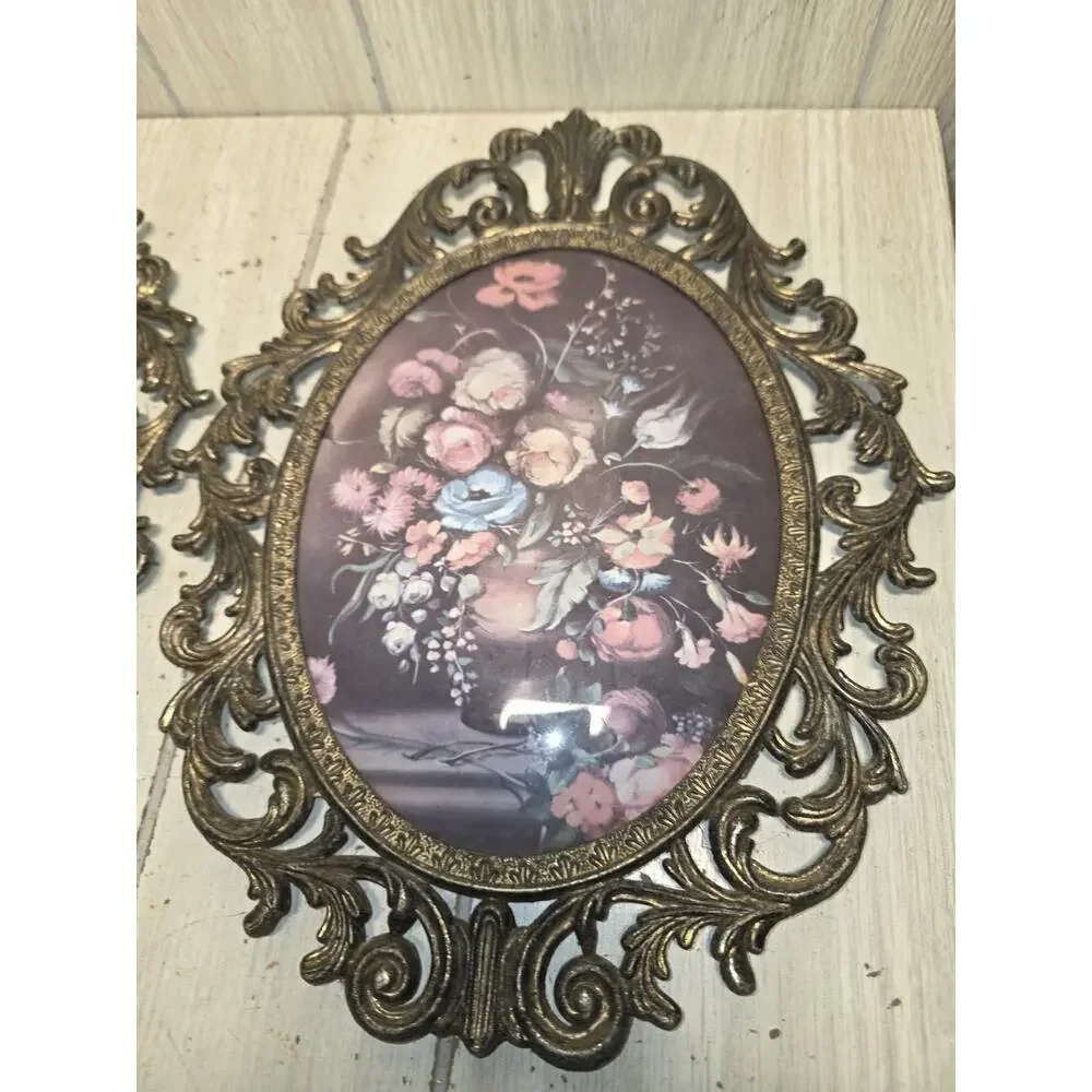 Vintage Set Of Italian Ornate Brass Framed Oval Prints Convex Bubble Glass 10x13